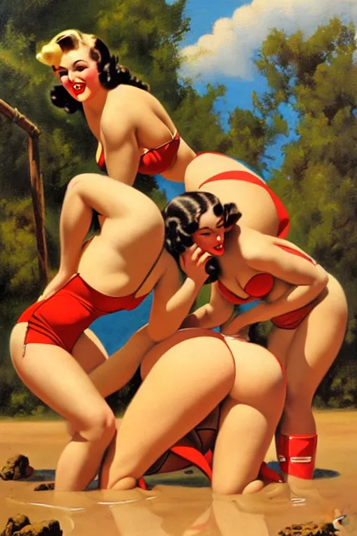 Prompt: 1940s group of pinup bikini girls wrestling in the mud, oil painting, by Gil Elvgren