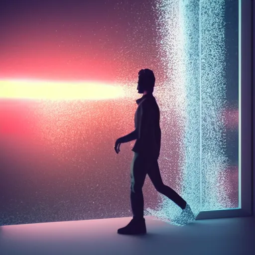 Image similar to siluette of a man in front of a huge 3 d voxel wave hitting a window, octane render, unreal engine, hyper detailed