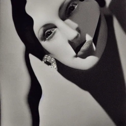 Image similar to close - up portrait of a femme fatale, by dora maar and man ray and lee miller, 1 9 3 4, photography, side lighting, cinematic lighting, very aesthetic, beautiful, light and shadow, masterpiece, black and white, tri - x 4 0 0