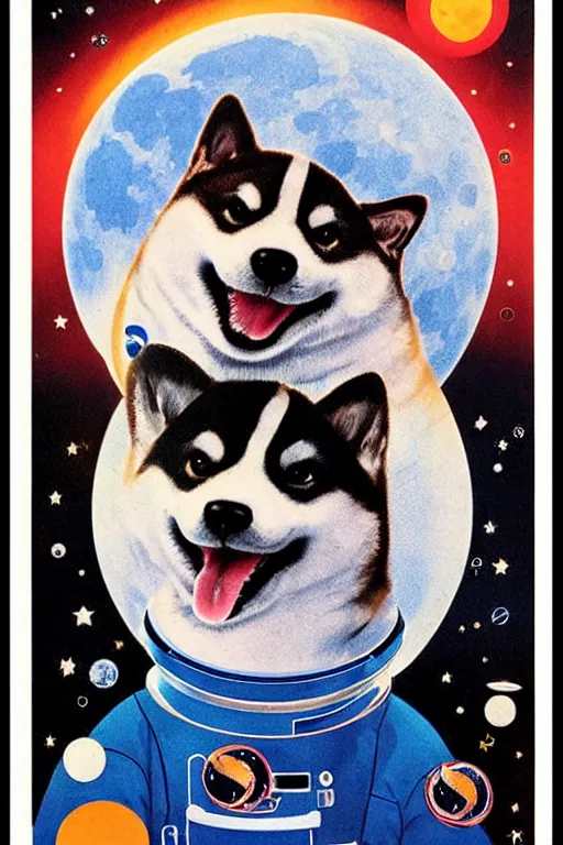 Prompt: Shiba Inu cosmonaut portrait, moon mission, 60s poster, 1968 Soviet Japanese