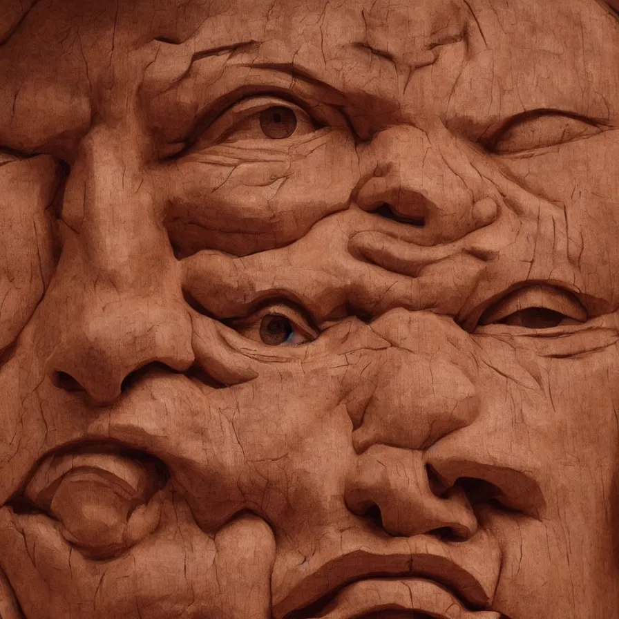 Image similar to realistic monumental sculpture portrait of a powerful stern woman's face carved out of a red oak wood on a pedestal by stephan balkenhol and duane hanson and donald judd, hyperrealistic dramatic colored lighting trending on artstation 8 k