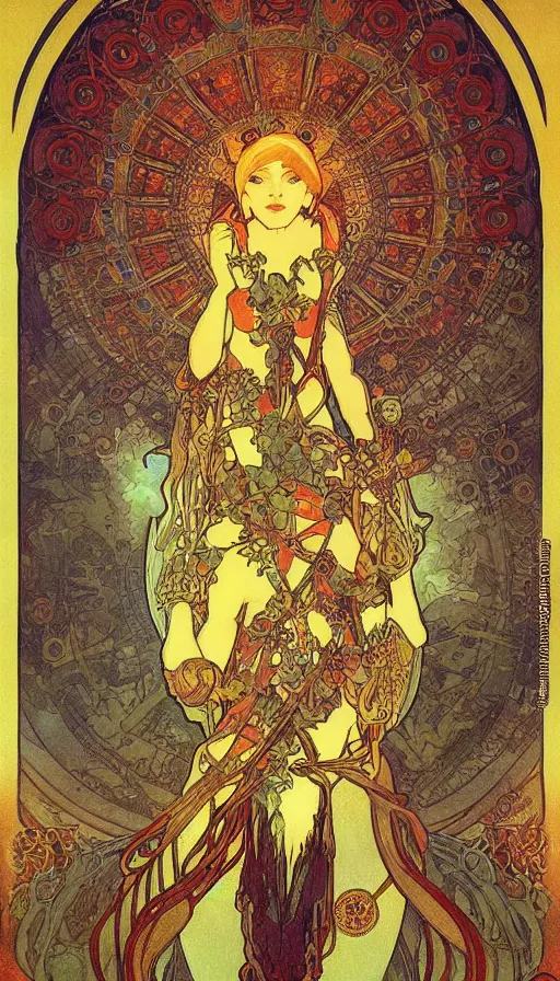 Image similar to psytrance artwork, by alfons maria mucha