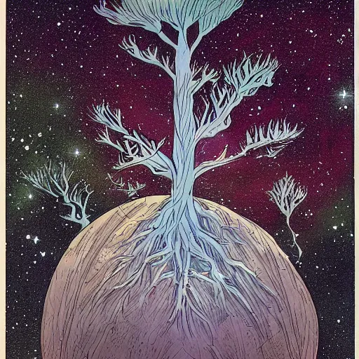 Image similar to a crystal floating in space with a large tree rooted in it, by moebius