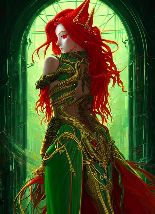 Image similar to a painting of a beautiful cyberpunk elven queen with long red hair, wearing green, red and gold ornate dress, golden intricate crown. detailed symmetrical full body portrait, intricate complexity, concept art, by makoto shinkai and studio madhouse. cinematic dramatic atmosphere, sharp focus