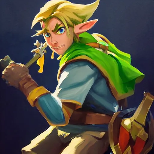 Image similar to greg manchess portrait painting of link from legend of zelda as overwatch character, medium shot, asymmetrical, profile picture, organic painting, sunny day, matte painting, bold shapes, hard edges, street art, trending on artstation, by huang guangjian and gil elvgren and sachin teng