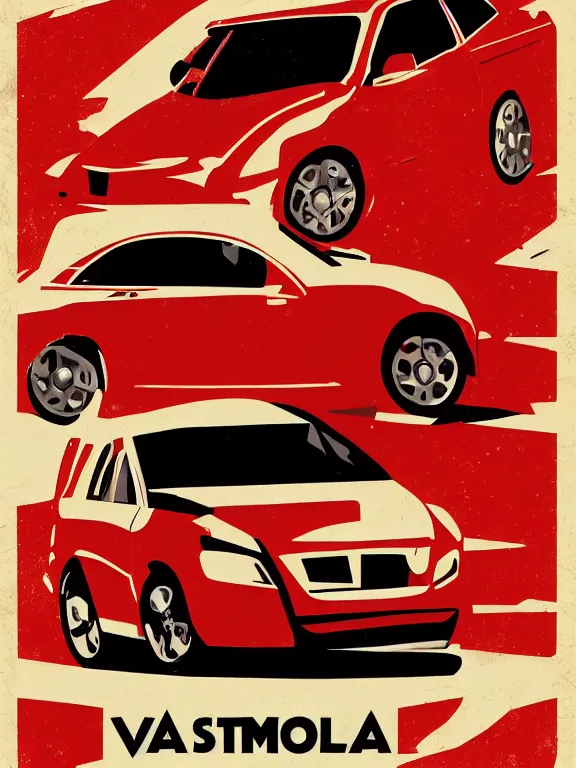 Image similar to Movie poster featuring a vector of a small black car in the middle with some red details, modernism, beige background, in the style of Vasilis Marmatakis