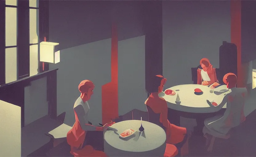 Prompt: a mysterious dinner scene illustration by atey ghailan and escher and edward hopper, japanese surreal