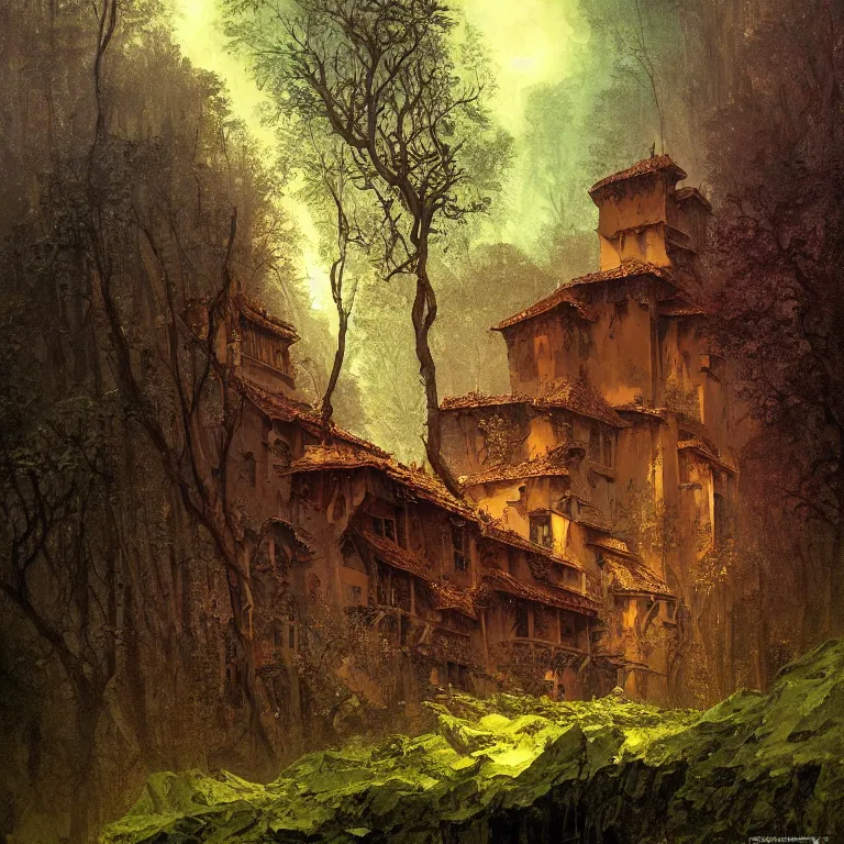 Prompt: a detailed painting inspired by moebius and beksinski of a medieval building with two floors in the forest. fantasy poster. cinematic fantasy scene. aurora lighting. fantasy. carl spitzweg. baroque elements. baroque element. intricate artwork by caravaggio. oil painting. award winning. dramatic. trending on artstation. 8 k