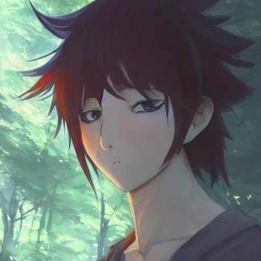 Image similar to anime character in the woods, hyperrealistic, trending on pixiv fanbox, painted by greg rutkowski makoto shinkai takashi takeuchi studio ghibli, akihiko yoshida