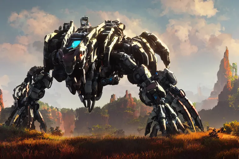 Image similar to watcher machine mecha animal beast robot of horizon forbidden west horizon zero dawn bioluminiscence global illumination ray tracing hdr fanart arstation by sung choi and eric pfeiffer and gabriel garza and casper konefal