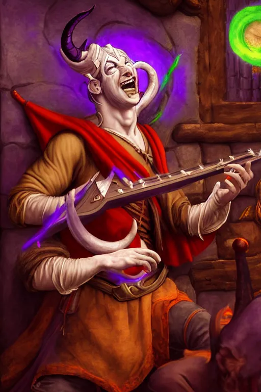 Prompt: tiefling bard with white horns on his head, purple skin, red glowing eyes, he is playing a happy song. the background is a friendly tavern. dungeons and dragons, highly detailed, digital painting, artstation, concept art, sharp focus, illustration, art by Leonardo da Vinci and Michelangelo and Botticelli