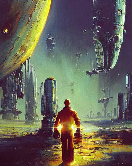 Image similar to a painting of a man standing in front of a giant alien, poster art john berkey and simon stalenhag and gilbert williams, cgsociety, space art, lovecraftian, cosmic horror, poster art