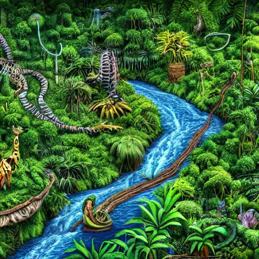 Prompt: highly detailed jungle of lies inhabited by interesting creatures with jobs and homes, bushes, trees, plants, wild, rivers, streams, paths, signs, hdr, maximalist