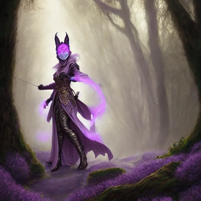 Prompt: masked d & d bard with her lilac leather armor in a forest, volumetric lighting, fantasy, intricate, elegant, highly detailed, lifelike, photorealistic, digital painting, artstation, fox ears illustration, concept art, sharp focus, by john collier and albert aublet and krenz cushart and artem demura and alphonse mucha