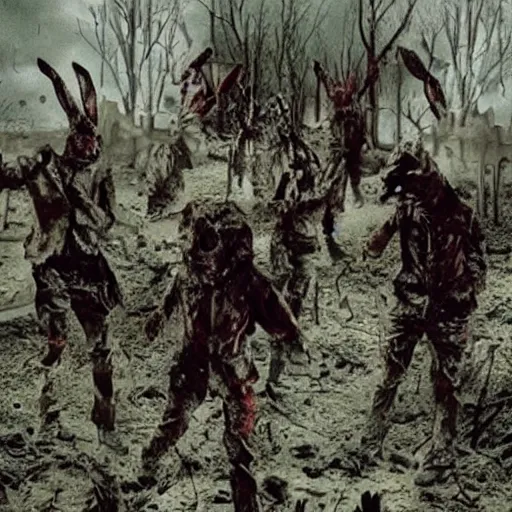 Image similar to a dark army decaying zombie rabbits infected with the T-virus, film still