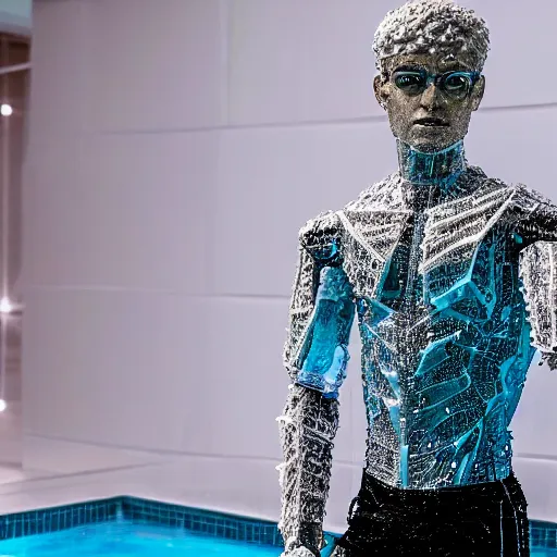 Image similar to made of ice, a realistic detailed photo of a guy who is an attractive humanoid who is half robot and half humanoid, who is a male android, on display, blank stare, showing off his muscles, shiny skin, posing like a statue, by the pool, frozen ice statue, twitch streamer / gamer ludwig, humanoid robot