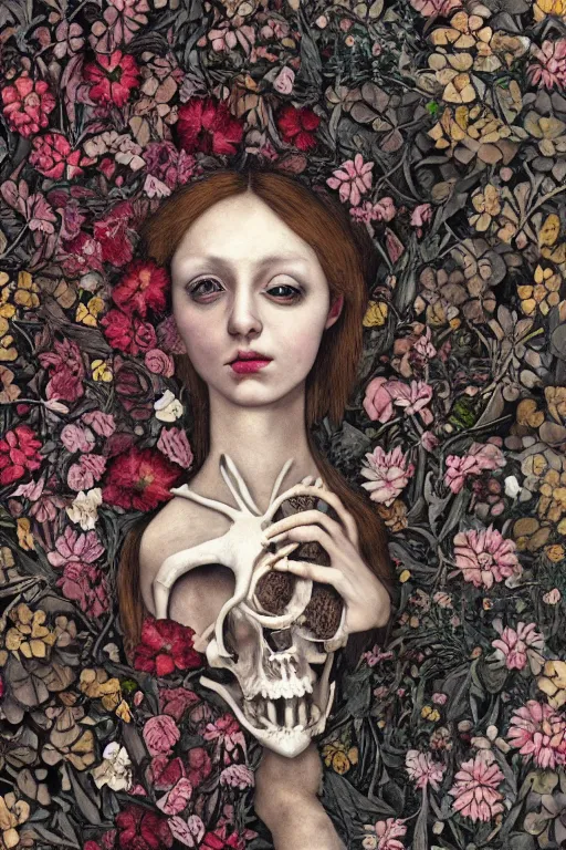 Prompt: a person lying among flowers and bones, large eyes and lips and is dreaming about mortality, HD Mixed media collage, depth of field, liminal space, highly detailed and intricate, surreal illustration in the style of Caravaggio, baroque dark art