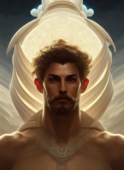 Image similar to symmetry portrait of cloud giant ( variant ), intricate, elegant, highly detailed, digital painting, artstation, concept art, smooth, sharp focus, illustration, art by artgerm and greg rutkowski and alphonse mucha, 8 k