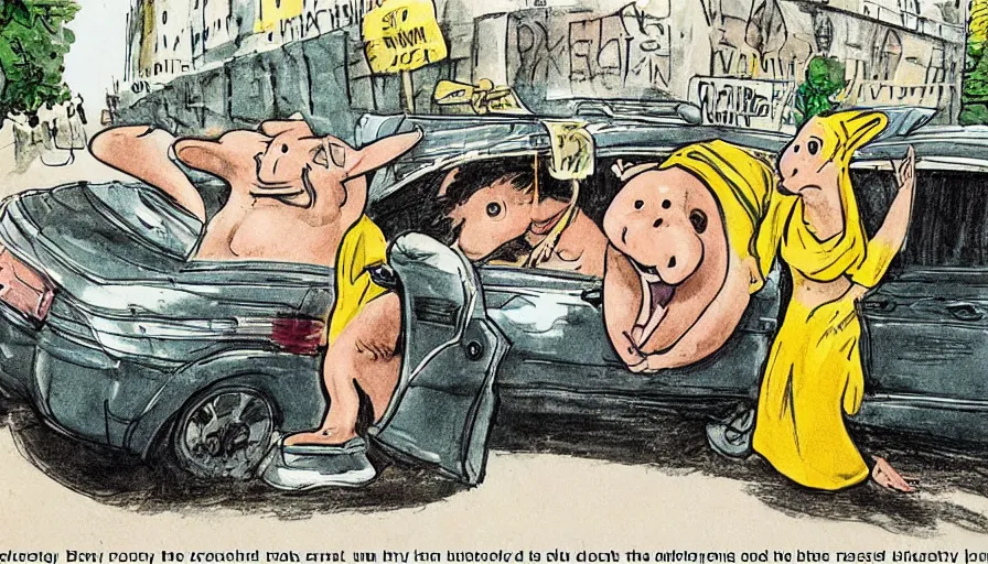 Image similar to an attractive, pig - nosed, bucktoothed woman hails a cab driven by a man with a towel on his head who is unshaven, dirty, and disheveled.