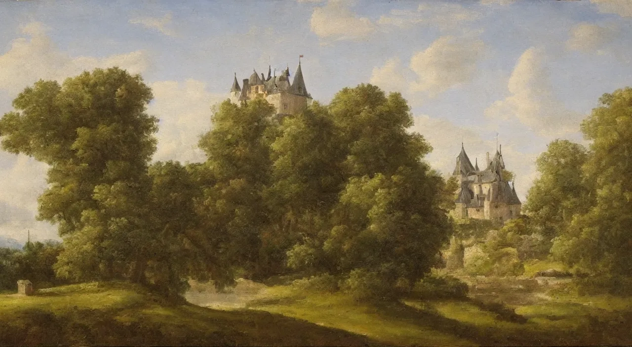 Image similar to a landscape painting of a French castle, with a garden
