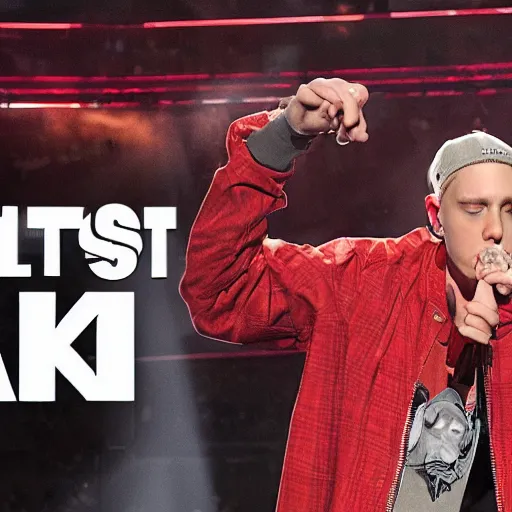 Prompt: eminem rap battling in a stadium filled with spaghetti in real life, 8 k, 4 k uhd, realistic, hyper realistic, super detailed, very detailed, detailed
