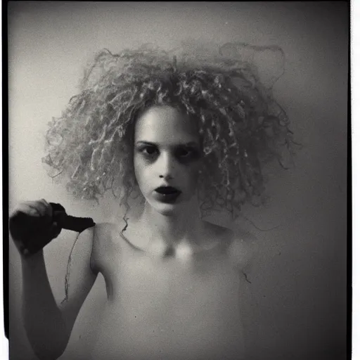 Image similar to polaroid picture, beautiful woman, curly hair, artistic, black and white, eerie, francesca woodman style