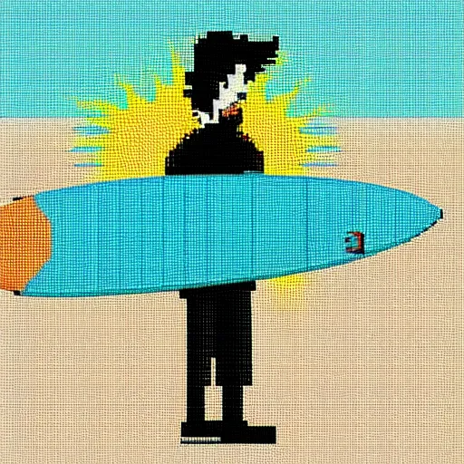 Image similar to one surfer on a surfboard. sun and sea. colorful. pixelart.