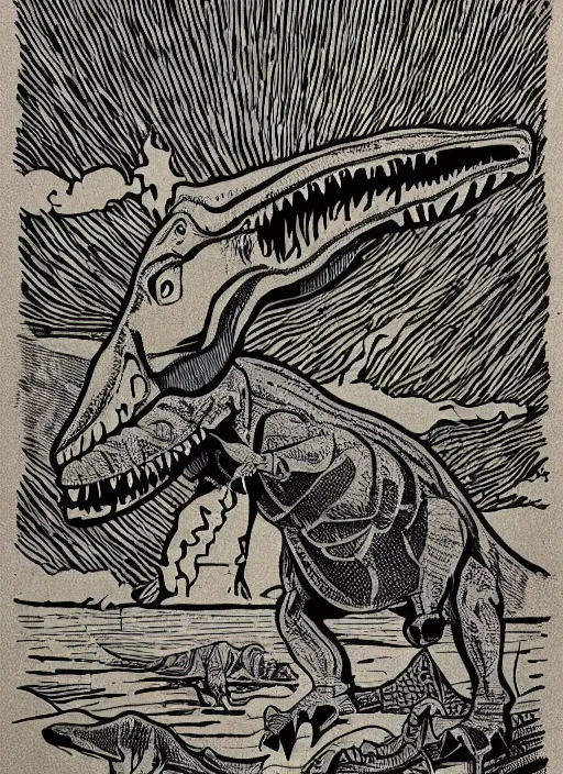 Image similar to dinosaur woodcut print by Samuel Jessurun de Mesquita