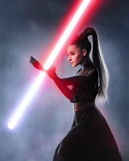 Image similar to Award winning, beautiful photo of Ariana Grande as a Sith lord igniting her light saber, Star Wars concept art by Colin Cantwell, Dramatic Lighting, Cinematic Lighting, Artstation, volumetric fog, action photography, hyper-realistic, 8K resolution, 4K resolution