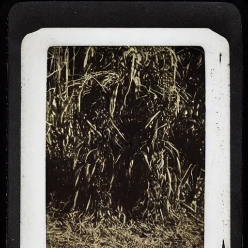 Prompt: an old polaroid of a creepy monster in a cornfield