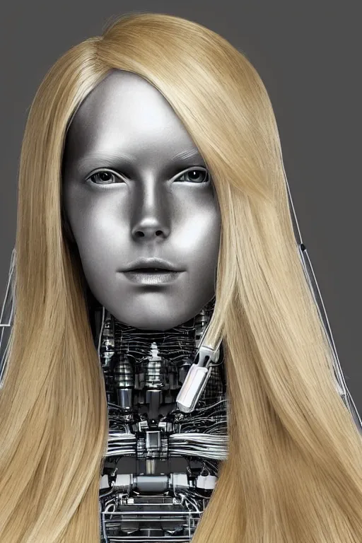 Image similar to robot with human face, female head, full body angle, woman human face, human face realistic, beautiful blonde hair, human head, human head with blonde hair, blonde hair human head, blonde hair, human realistic face, human head skin, cyborg frame concept, cyborg by ales-kotnik, sci-fi android female, the body is made of wires, robotic body, cyborg body, cyborg bust body, robot body cyborg, full body