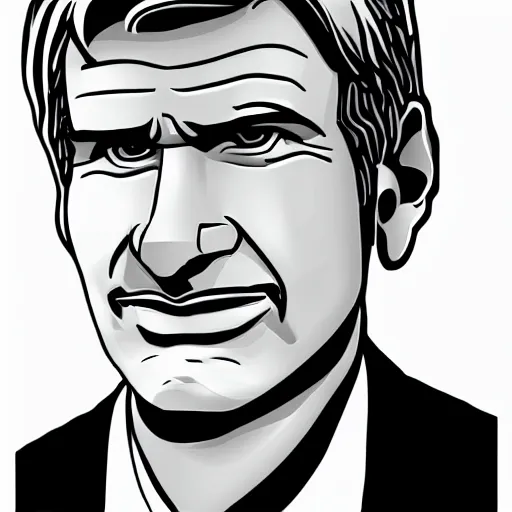 Prompt: harrison ford caricature, black and white, vector style, line art
