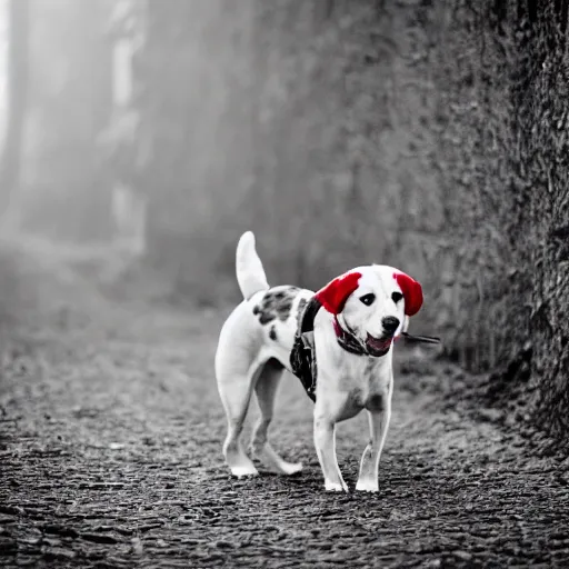 Prompt: A dog with a red collar walking from a dark place to a light place, the dog is monochrome, and has spots. 8k, hyper realistic, HD