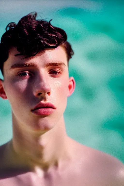 Image similar to high quality pastel coloured film mid angle docu photograph of a beautiful young 2 0 year old male, soft features, short black hair, falling in an icelandic black rock pool environment. atmospheric. three point light. photographic. art directed. ( pastel colours ). volumetric light. clearcoat. waves glitch. 8 k. filmic.