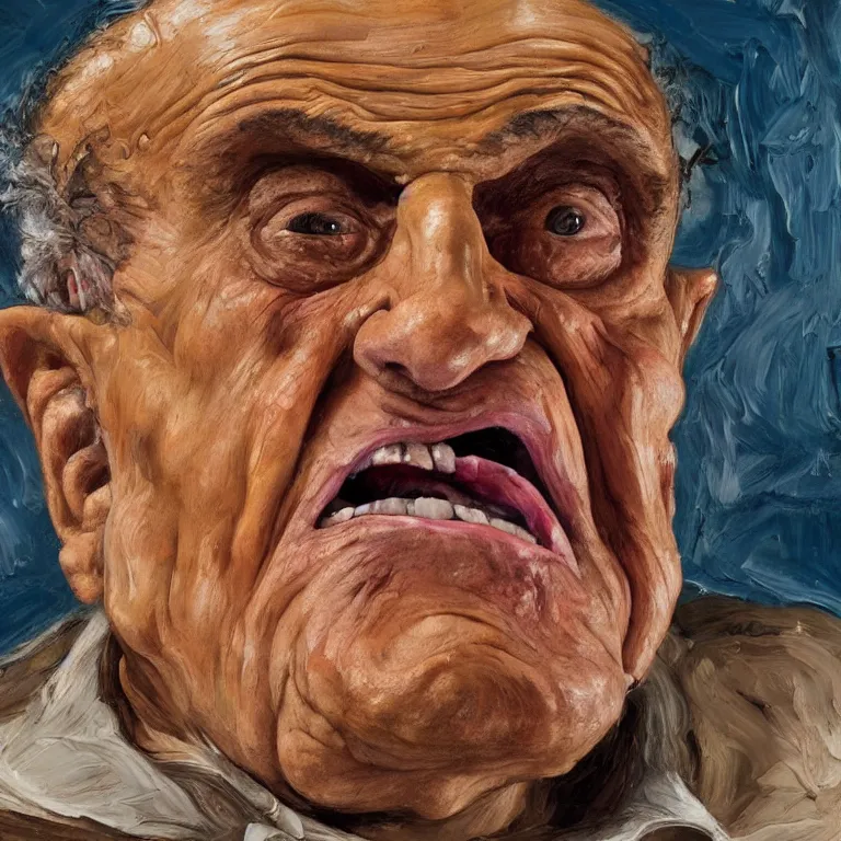 Prompt: warmly lit close up studio portrait of aging angry!! screaming! old Rudy Giuliani age 115 wrinkled furious!, impasto oil painting thick brushstrokes by Lucian Freud and Cy Twombly and Tim Hawkinson , trending on artstation dramatic lighting Expressionism