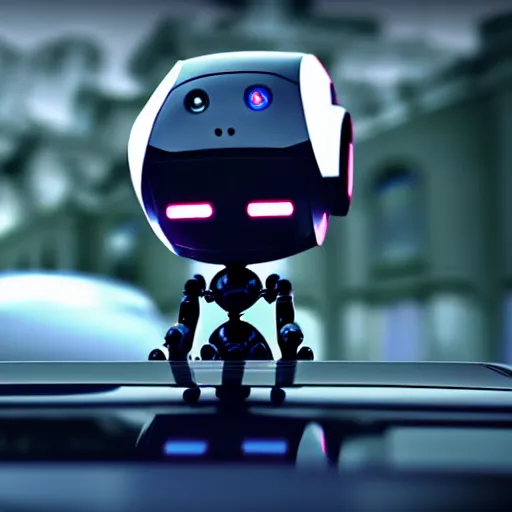 Prompt: a cute little robot in front of a car. super realistic 8 k render of a dark hooded powerful elegant, cinematic composition