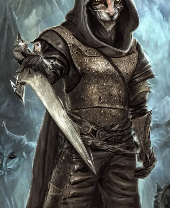 Image similar to humanoid male khajiit rogue with a scar on left eye, wearing leather armor with a hood, mainecoon cat features with black fur, far - mid shot, magic the gathering, fantasy