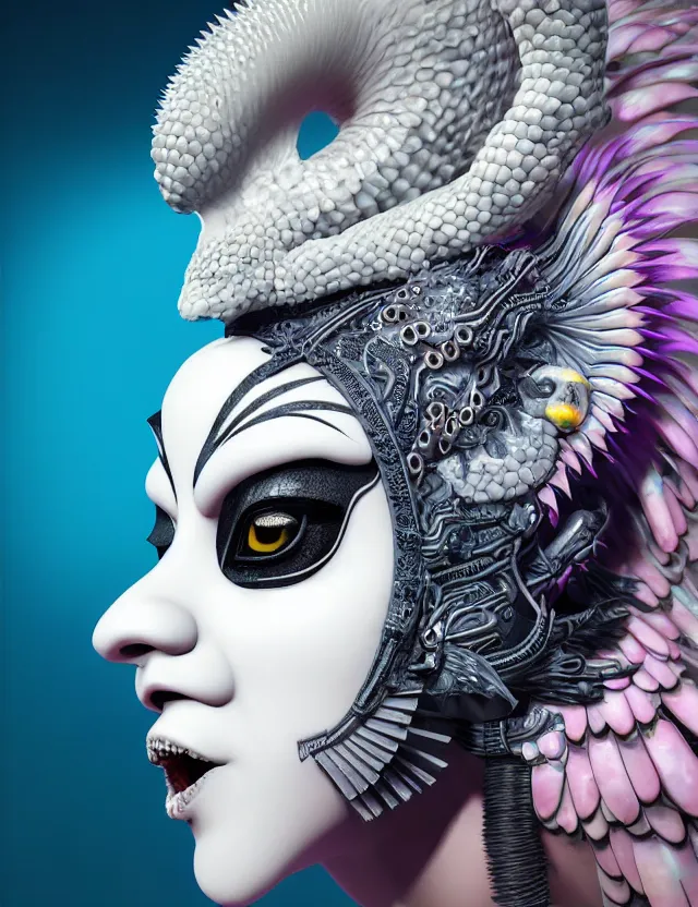 Image similar to 3 d goddess close - up profile portrait punk with mohawk with ram skull. beautiful intricately detailed japanese crow kitsune mask and clasical japanese kimono. betta fish, jellyfish phoenix, bio luminescent, plasma, ice, water, wind, creature, artwork by tooth wu and wlop and beeple and greg rutkowski