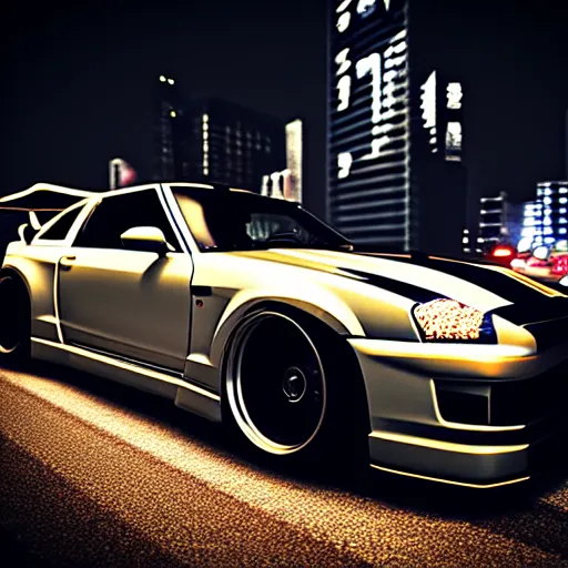 Image similar to a car GTR twin turbo drift at illegal car meet, Shibuya prefecture, city midnight mist lights, cinematic lighting, photorealistic, highly detailed wheels, high detail