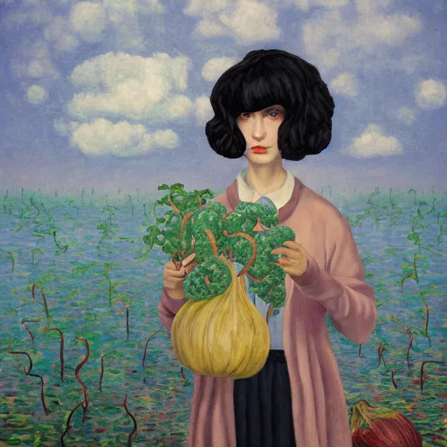 Image similar to tall emo girl artist holding an octopus, in a flooded art gallery, books, small portraits, gourds, berries, vines, pigs, acrylic on canvas, surrealist, by magritte and monet