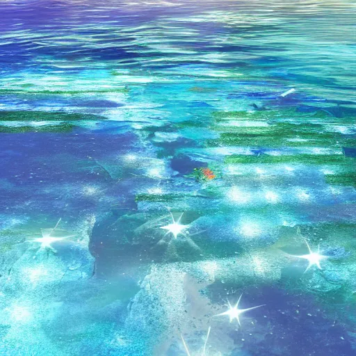 Prompt: Crystal rainbow waters refracting light of a galactic Atlantis beneath, award-winning render, Octane, raytracing