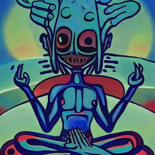 Image similar to a beautiful painting of an alien meditating in front of a giant black power fist in the center, worshipped by aliens dancing in lava fields by victor moscoso