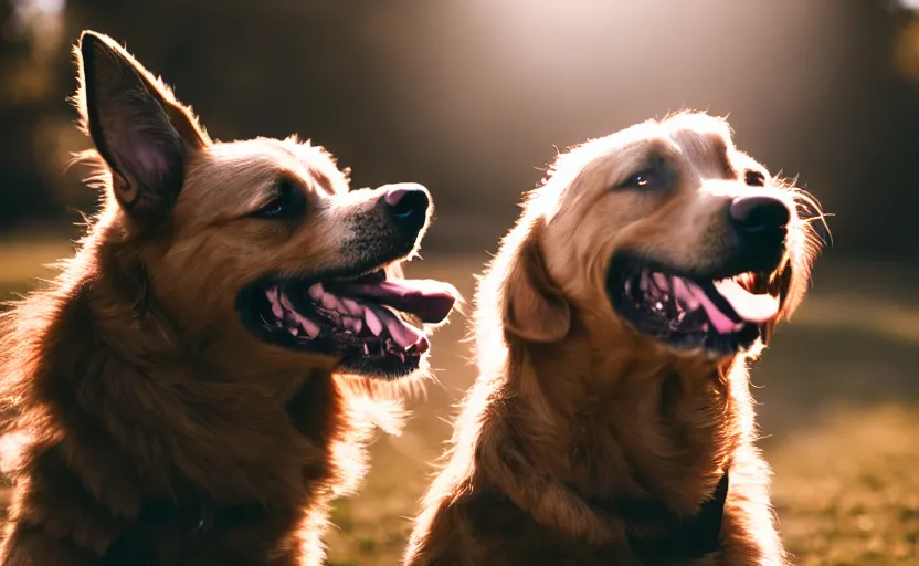 Image similar to portrait of a happy dog, natural light, lens flare, detailed face, cinematic lighting, 8 k