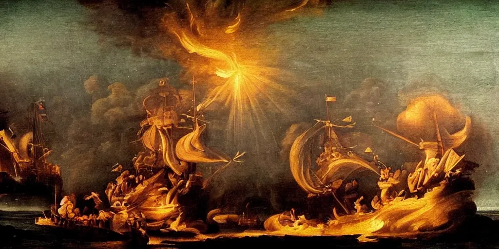 Prompt: renaissance painting of a 1 8 th century ship on fire at night. cinematic