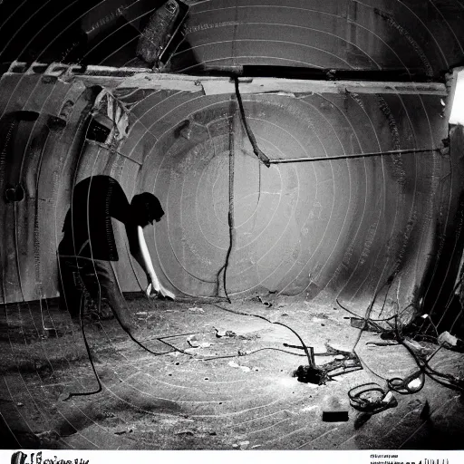 Prompt: two men in black, looking at a black hole in the dark grimy grungy basement of an abandoned apartment block, wires, cables, grainy black and white photography, 5 0 mm lens