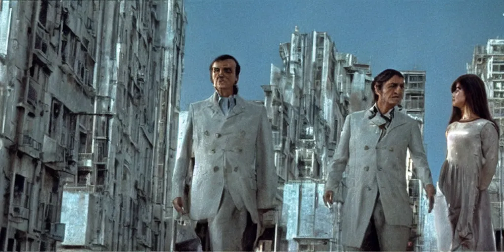 Image similar to a scene from the movie la felicita ( 1 9 7 1 ) by luchino visconti with mastroianni and claudia cardinale walking in a scifi cyberpunk futurist city reminiscent of the ( ( ( ideal city by piero della francesca. technicolor ) ) ), cinematic, 5 0 mm, highly detailed