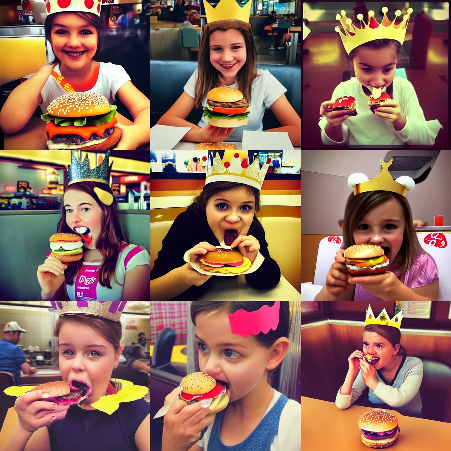 Prompt: funny picture of Princess Daisy eating at burger king, wearing a paper crown, Iphone HDR selfie, instagram