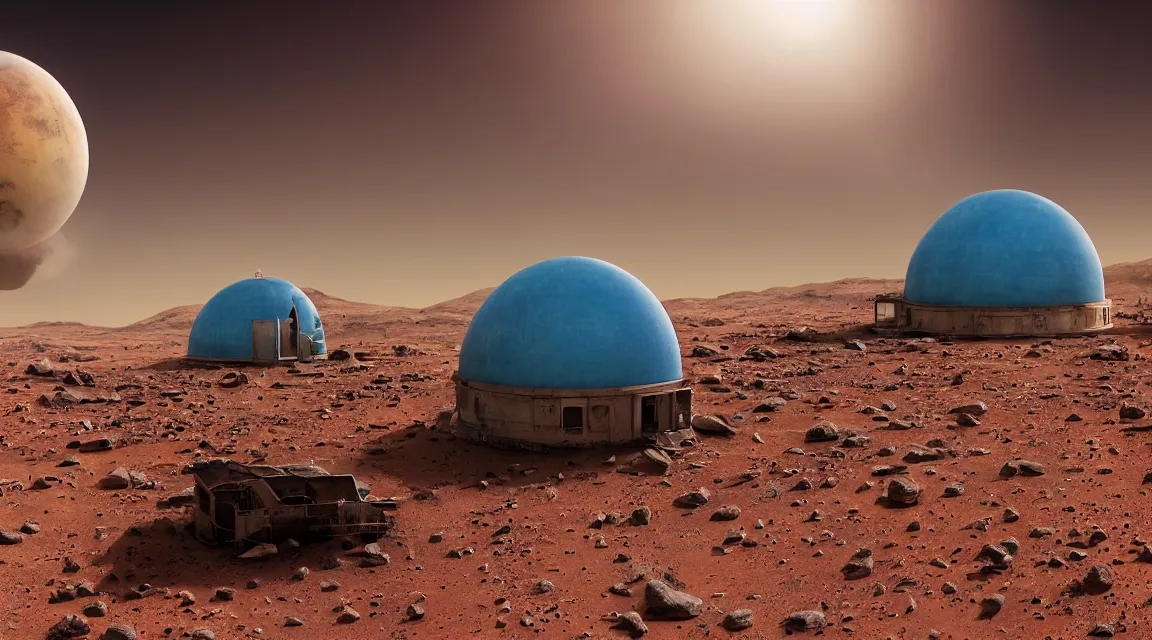 Prompt: stunning large format photograph, beautiful cinematic close detailed perspective of an abandoned domed nasa martian outpost, on mars, scattered debris, reddish brown color scheme, smooth clear blue sky, in the style of jeff wall, hazy sunlight, crisp details, visual effects and composite by ILM, 10k with post-processing