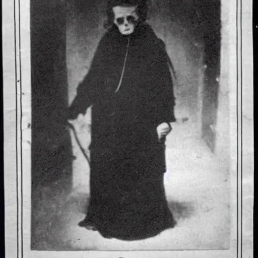 Prompt: black and white grainy newspaper photo from 1898 of an old scary woman in black suit, horror, high detail