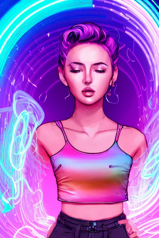 Image similar to a award winning half body portrait of a beautiful woman in a croptop and cargo pants with ombre purple pink teal hairstyle surrounded by whirling illuminated lines, outrun, vaporware, shaded flat illustration, digital art, trending on artstation, highly detailed, fine detail, intricate